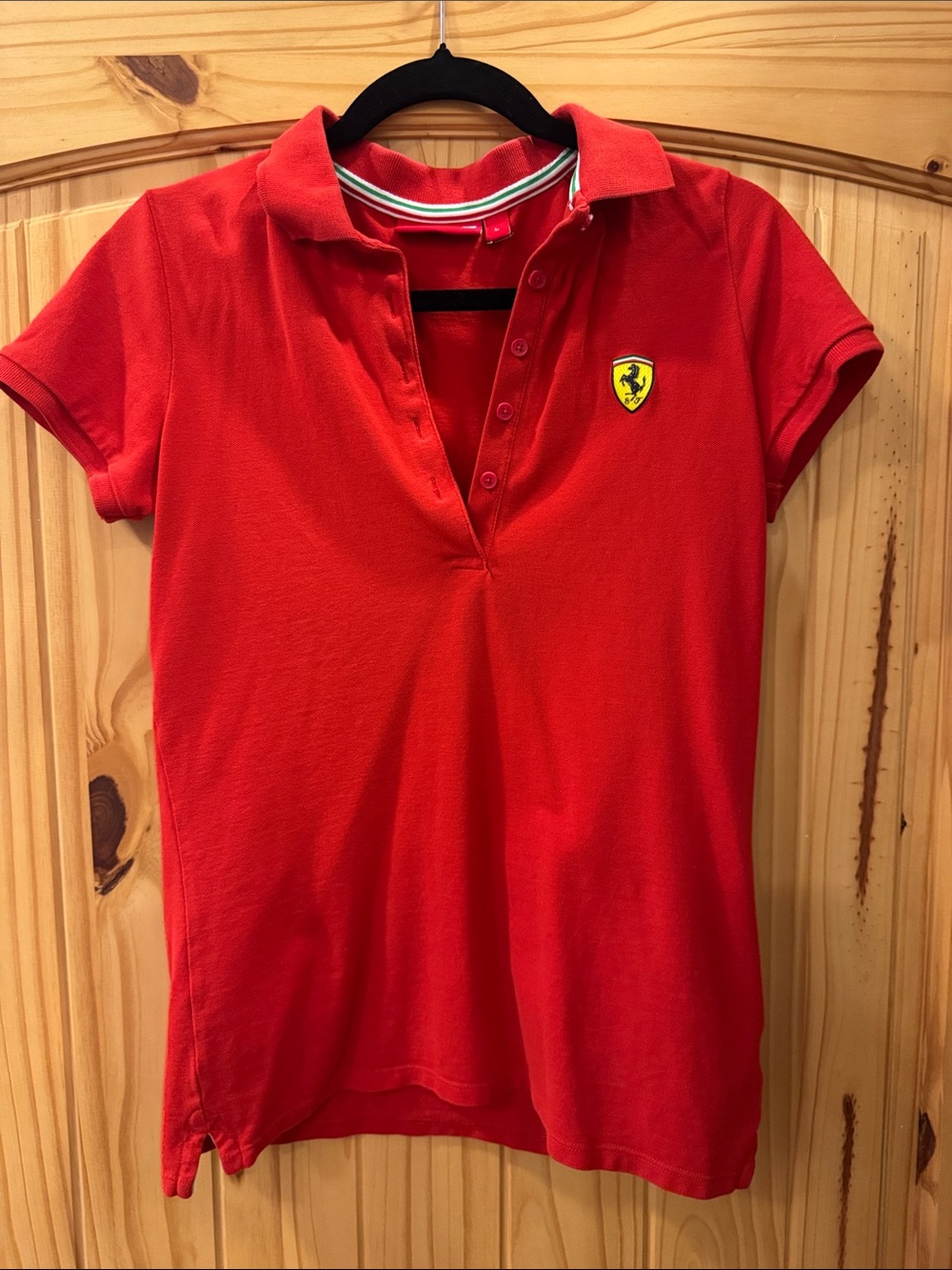 Ferrari Red Short-Sleeve Button-Down Polo with Shield Patch